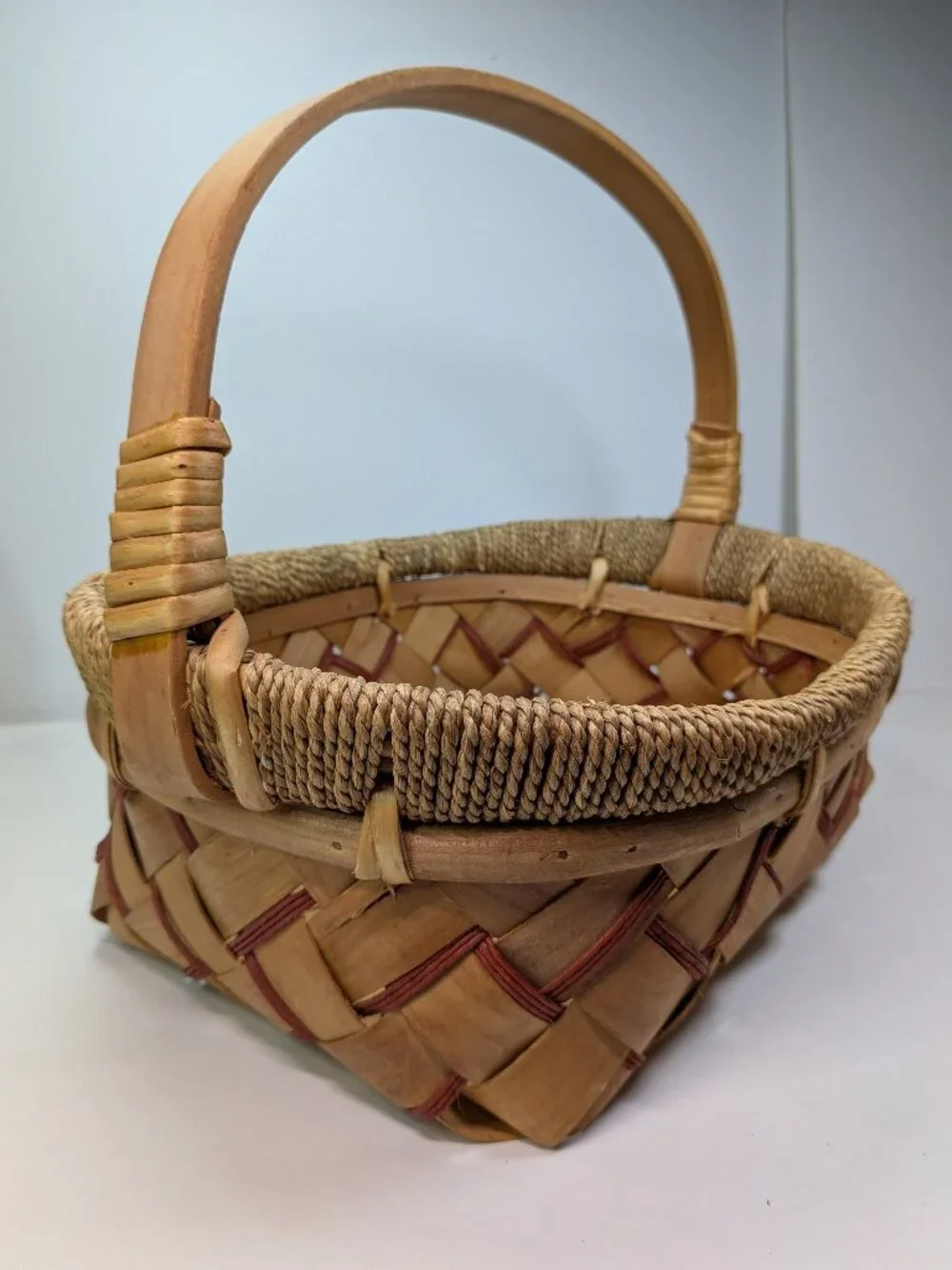 Vintage Mixed Media Decorative Basket Solid Wood Handle Nailed Construction